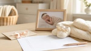 Liste de naissance avec enveloppe cadeau et accessoires de séance photo naissance