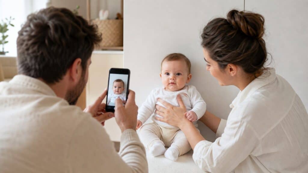 Parents photographiant leur bébé avec un smartphone pour une photo d'identité à la maison