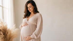 Future maman pendant une séance photo grossesse au bon moment de la grossesse