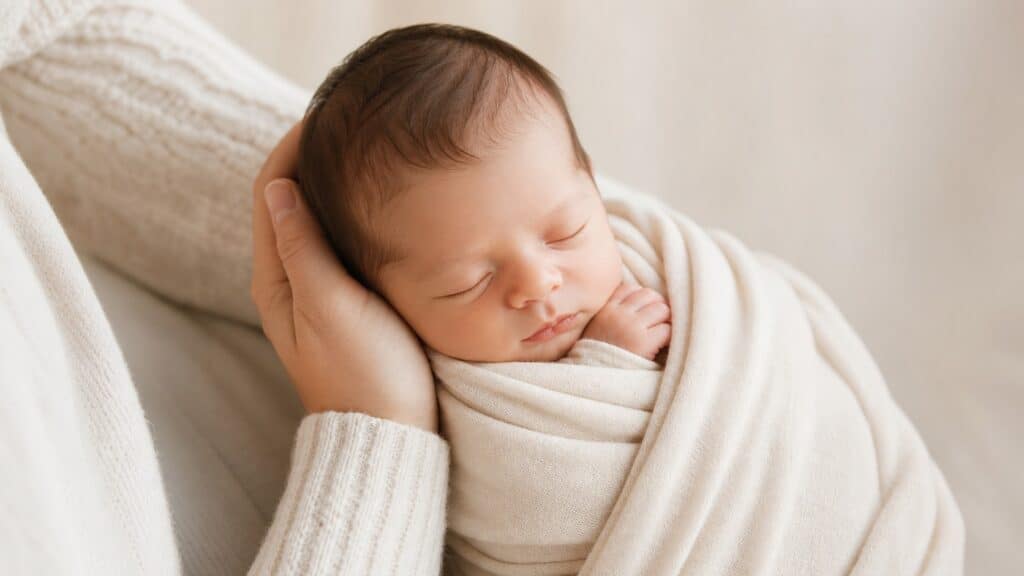 Bébé photographié dans un décor épuré et doux pour une séance photo naissance intemporelle