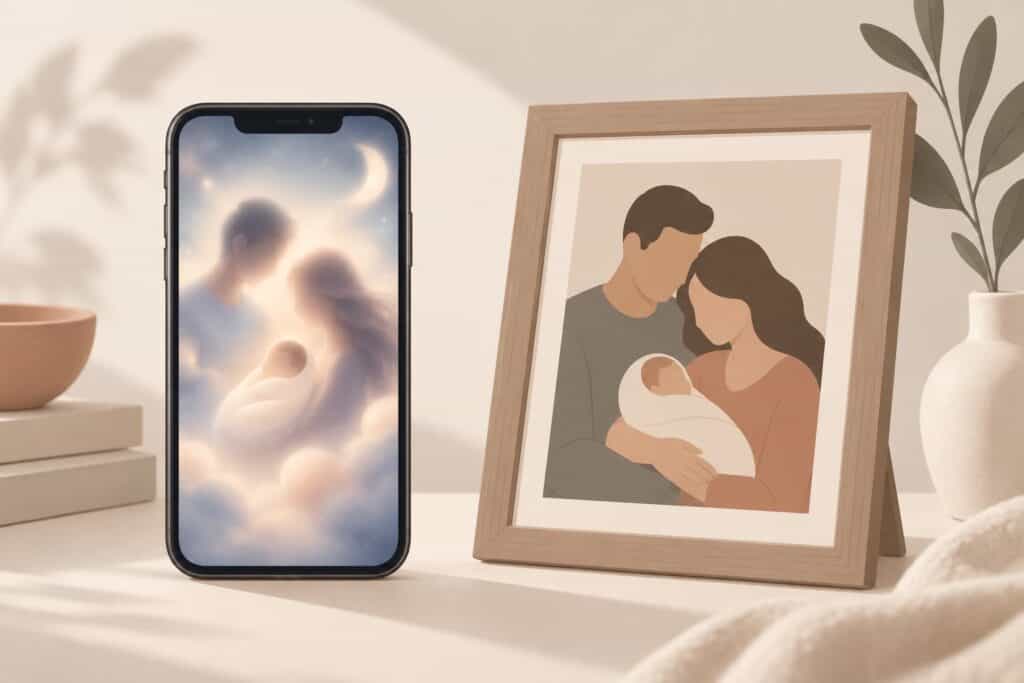 Illustration minimaliste comparant une image IA sur téléphone et un vrai souvenir photo familial
