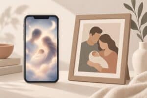 Illustration minimaliste comparant une image IA sur téléphone et un vrai souvenir photo familial