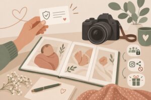 Illustration minimaliste d’une carte d’autorisation photo avec un appareil photo et un portfolio anonymisé